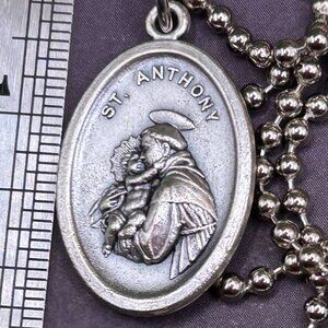St. Saint Anthony Religious Medal Charm Pendant Long Steel Chain Necklace